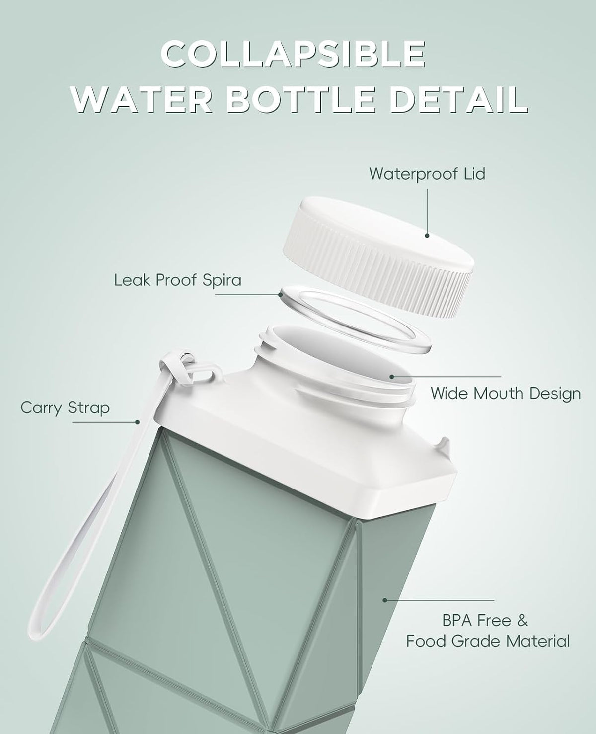Collapsible Water Bottles 17.4oz(516ML), 2nd Generation Leakproof BPA-Free Travel Water Bottle,Lightweight Reusable Water bottle, Portable for Travel Cycling Gym Camping,Sage Green, 1 Pack