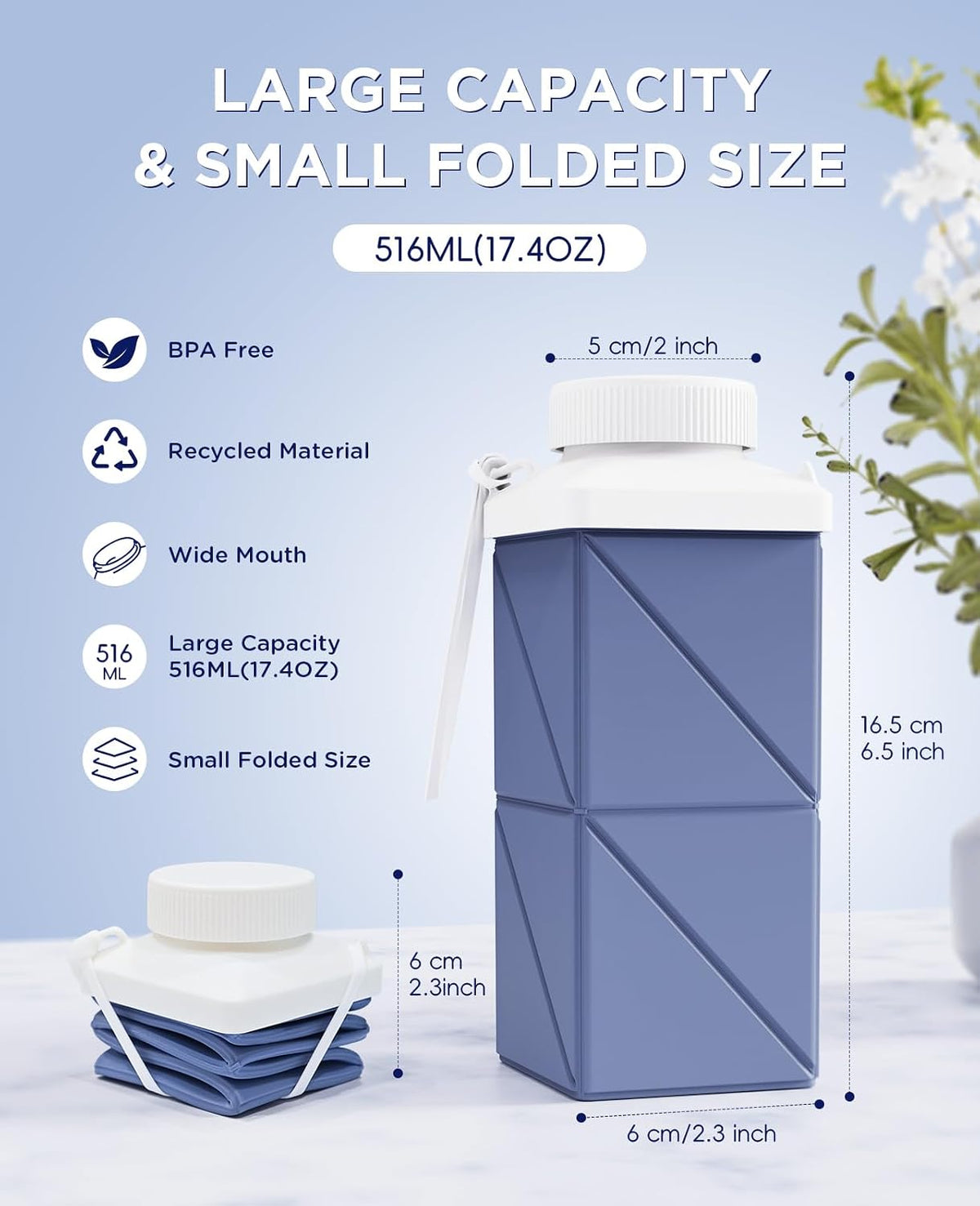 Collapsible Water Bottles 17.4oz(516ML), 2nd Generation Leakproof BPA-Free Travel Water Bottle,Lightweight Reusable Water bottle, Portable for Travel Cycling Gym Camping,Sage Green, 1 Pack