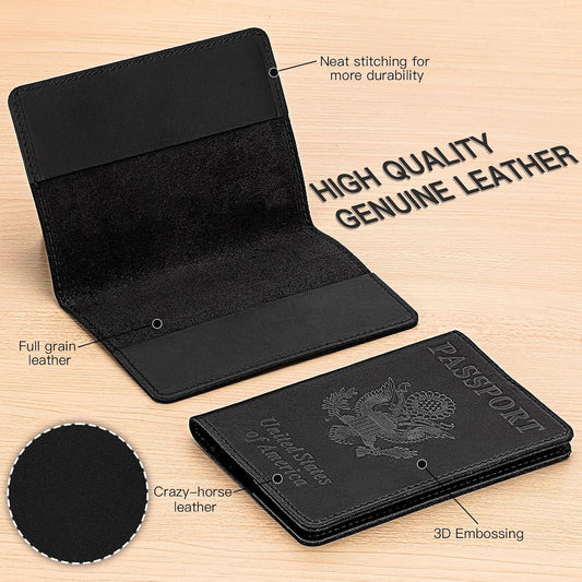 Premium Leather Passport Holder Covers, Rfid Travel Wallet Passport Document Holder, Travel Essentials Wallet Cover Case for Men and Women (Black)