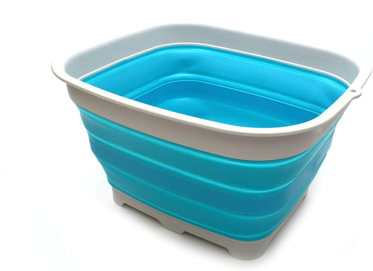 15L (3.9 Gallon) Collapsible Plastic Dishpan with Draining Plug - Foldable Washing Basin - Dish Washing Tub - Washing Up Bowl - Space Saving Kitchen Storage Tray (1, Bright Blue)