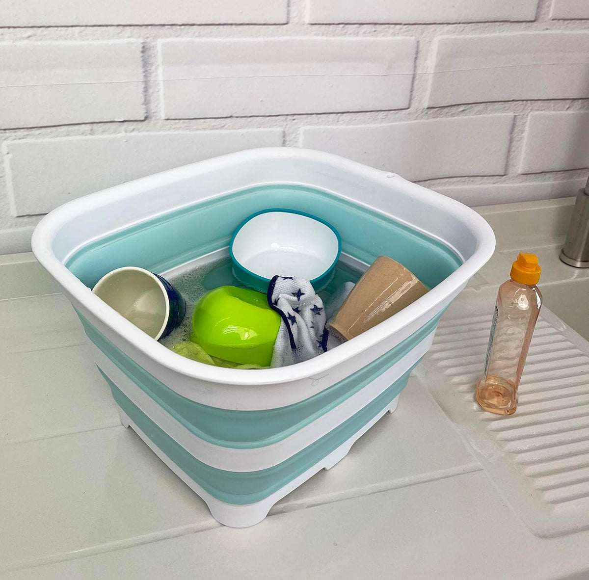 15L (3.9 Gallon) Collapsible Plastic Dishpan with Draining Plug - Foldable Washing Basin - Dish Washing Tub - Washing Up Bowl - Space Saving Kitchen Storage Tray (1, Bright Blue)