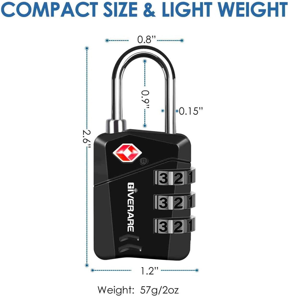 2 Pack TSA Approved Travel Luggage Locks, Metal Combination Lock, Alloy Keyless 3-Digit Padlocks, TSA Accepted Compatible Padlock for Gym Locker, Golf Bag Case, Backpack, Black