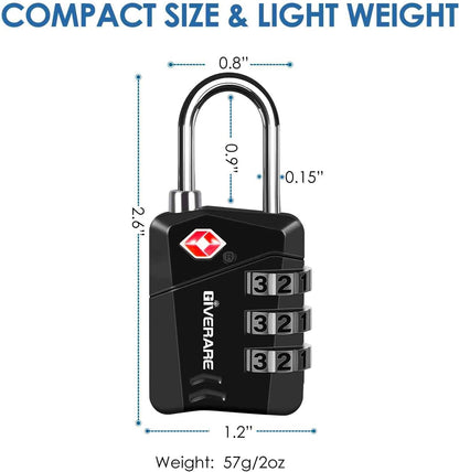 2 Pack TSA Approved Travel Luggage Locks, Metal Combination Lock, Alloy Keyless 3-Digit Padlocks, TSA Accepted Compatible Padlock for Gym Locker, Golf Bag Case, Backpack, Black