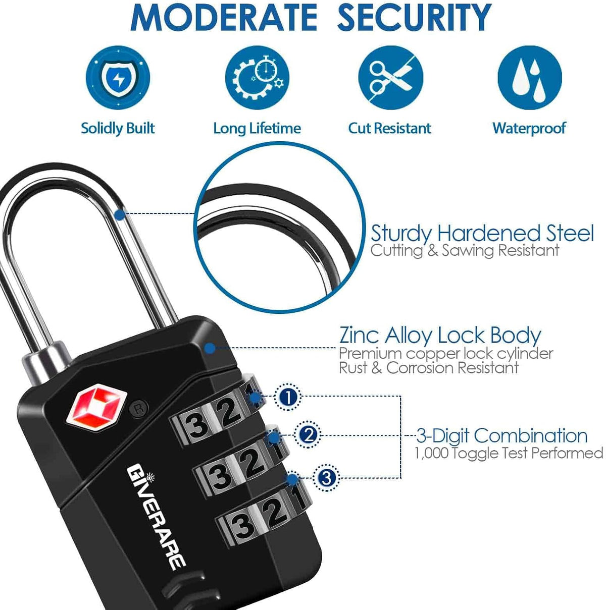 2 Pack TSA Approved Travel Luggage Locks, Metal Combination Lock, Alloy Keyless 3-Digit Padlocks, TSA Accepted Compatible Padlock for Gym Locker, Golf Bag Case, Backpack, Black