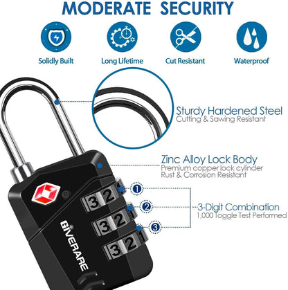 2 Pack TSA Approved Travel Luggage Locks, Metal Combination Lock, Alloy Keyless 3-Digit Padlocks, TSA Accepted Compatible Padlock for Gym Locker, Golf Bag Case, Backpack, Black