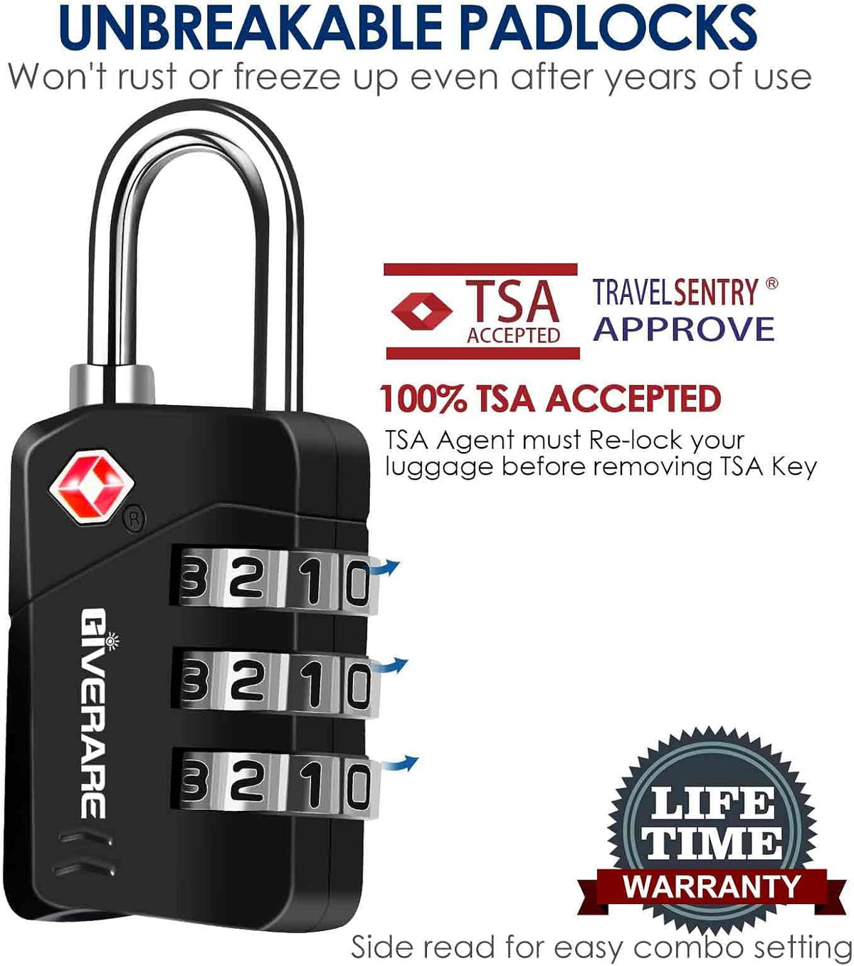 2 Pack TSA Approved Travel Luggage Locks, Metal Combination Lock, Alloy Keyless 3-Digit Padlocks, TSA Accepted Compatible Padlock for Gym Locker, Golf Bag Case, Backpack, Black