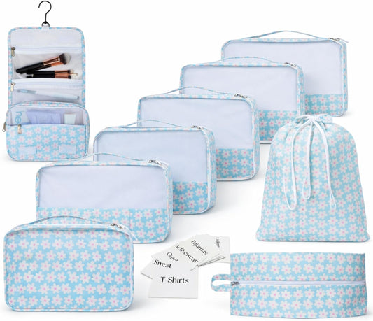 Packing Cubes Set – Cute Packing Cubes for Travel, Luggage Organizer Bags for Suitcase, For Kids & Family, Floral, Neutral & Aesthetic Travel Organizer Set-Blue Flower