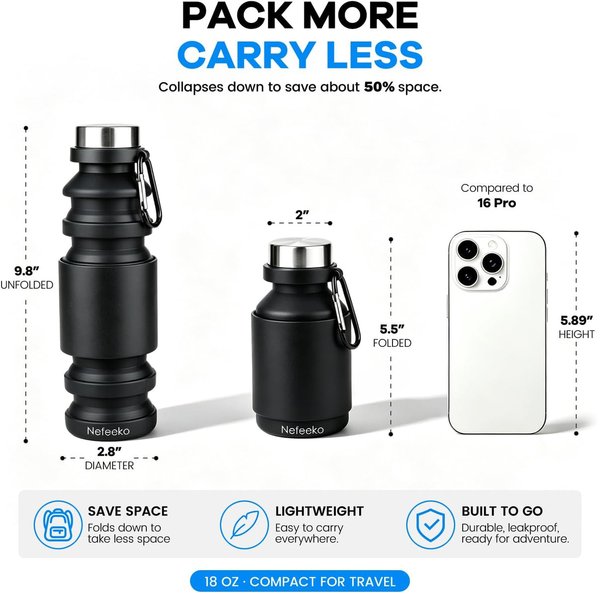 Collapsible Water Bottle, Reuseable BPA Free Silicone Water Bottles