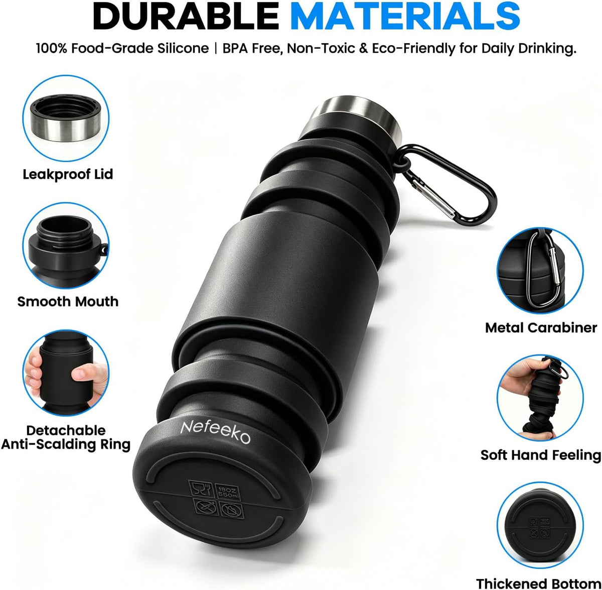 Collapsible Water Bottle, Reuseable BPA Free Silicone Water Bottles