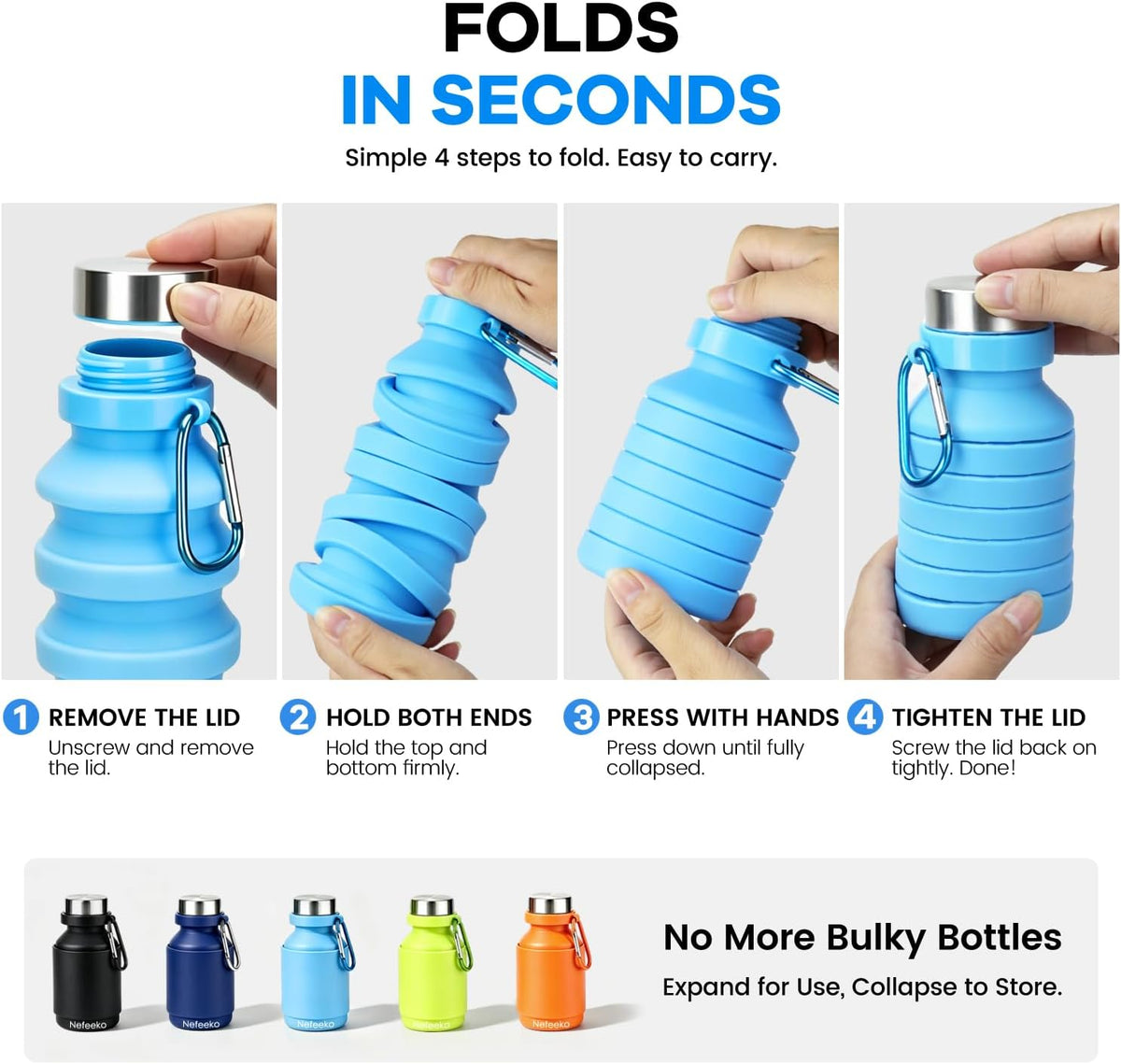 Collapsible Water Bottle, Reuseable BPA Free Silicone Water Bottles