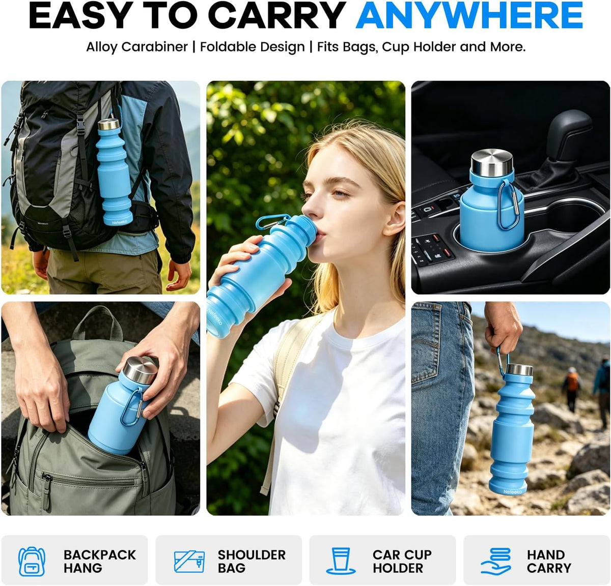 Collapsible Water Bottle, Reuseable BPA Free Silicone Water Bottles