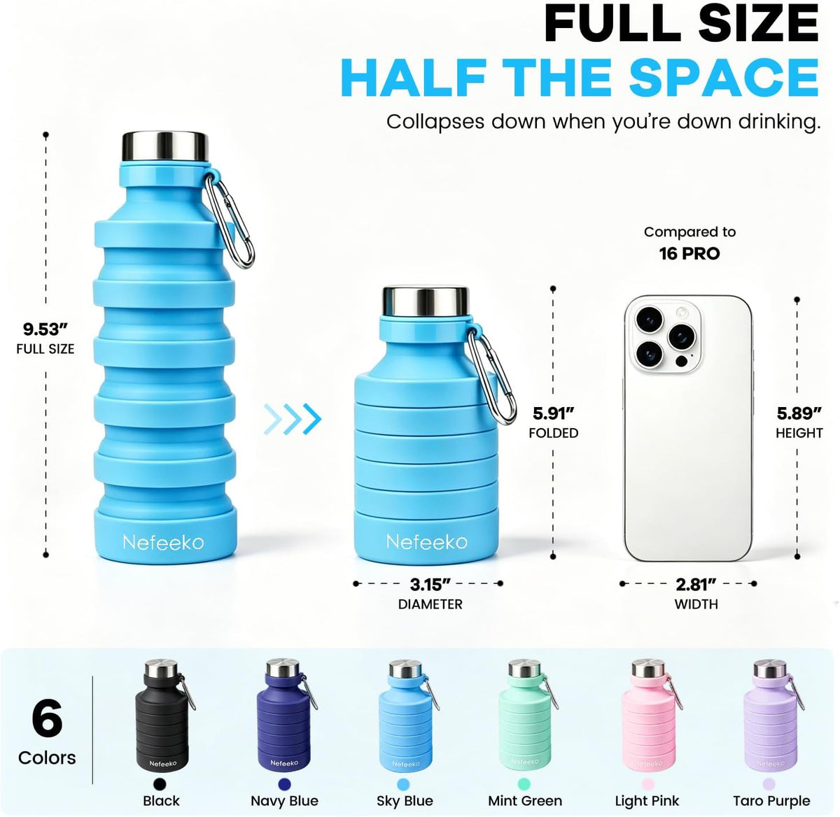 Collapsible Water Bottle, Reuseable BPA Free Silicone Water Bottles