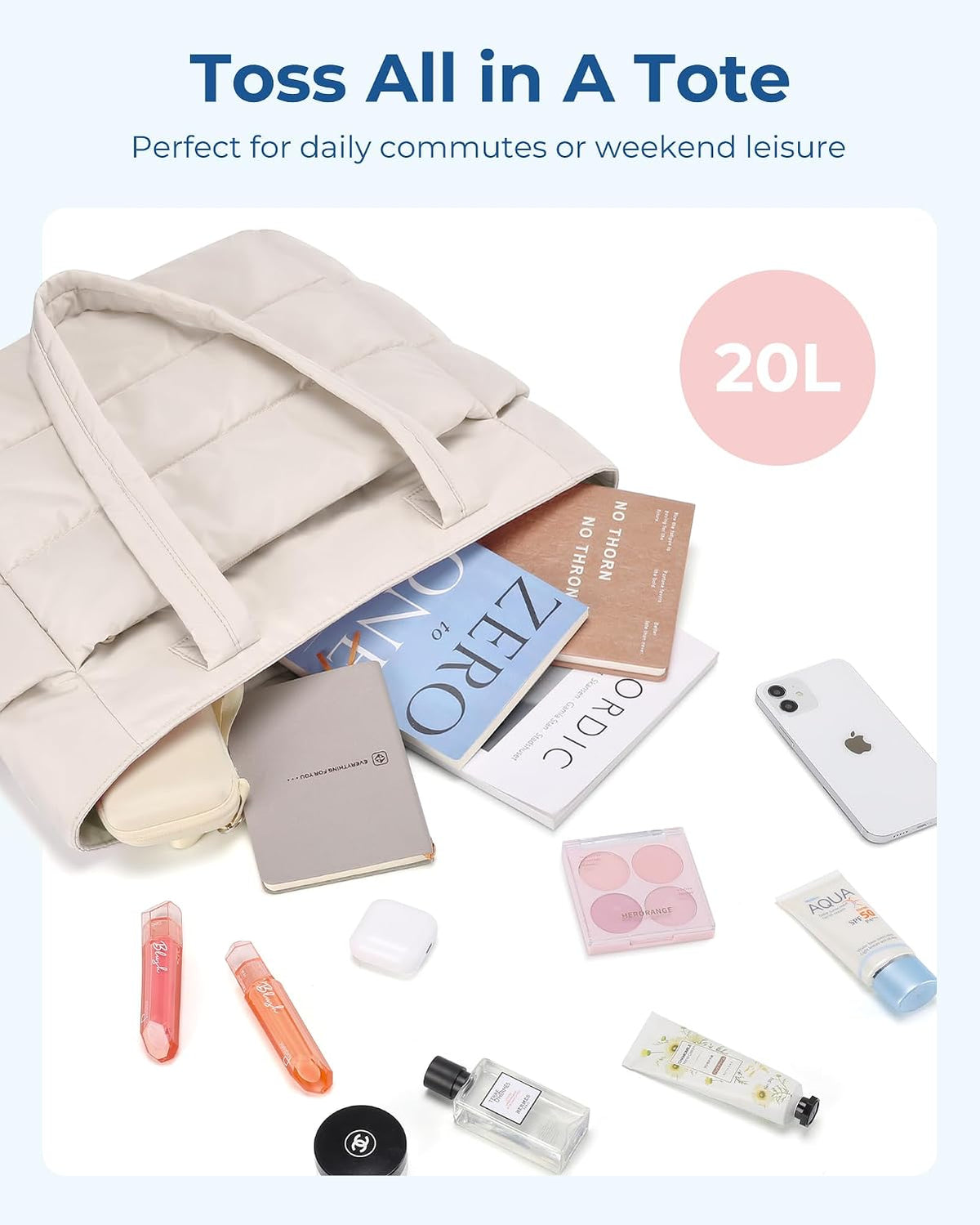 Puffy Tote Bag for Women, Lightweight Work Tote Handbag