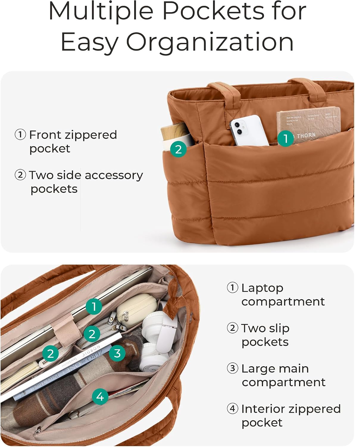Puffy Tote Bag for Women, Lightweight Work Tote Handbag