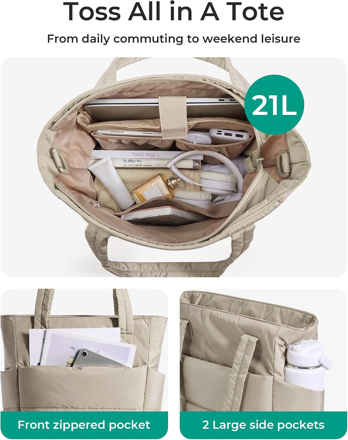 Puffy Tote Bag for Women, Lightweight Work Tote Handbag