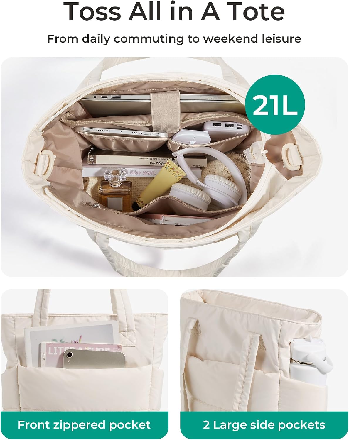 Puffy Tote Bag for Women, Lightweight Work Tote Handbag