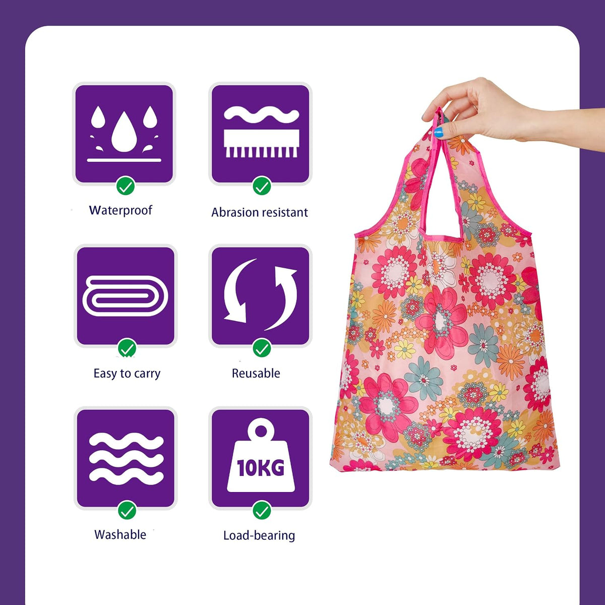 6 Pcs Reusable Shopping Bags, Foldable Grocery Bags in Pocket, Eco-friendly Travel Recycle Shopping Bags,Waterproof and Machine Washable, for Daily Shopping Supplies load
