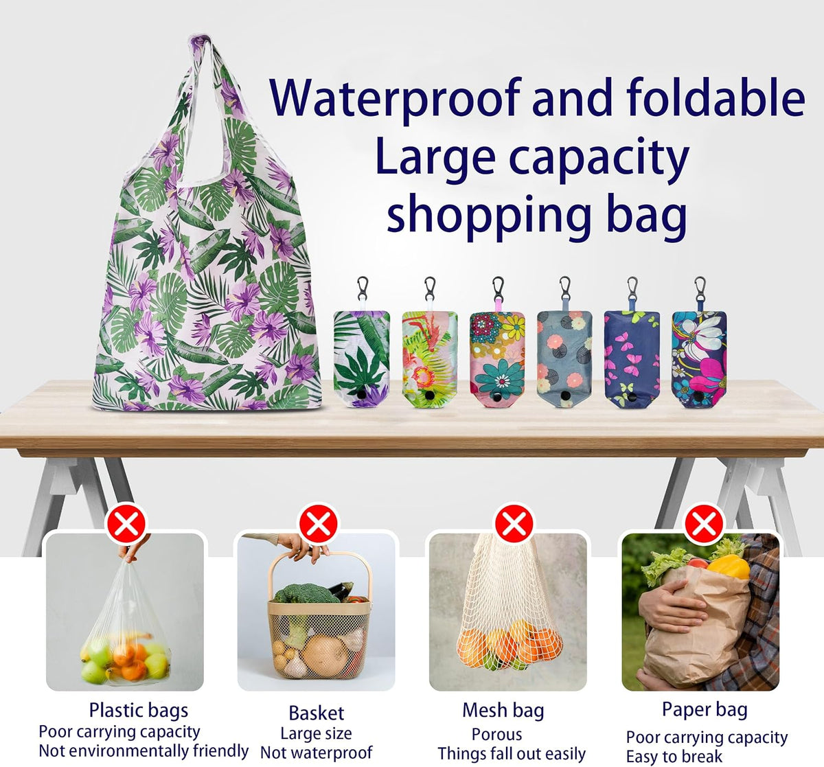 6 Pcs Reusable Shopping Bags, Foldable Grocery Bags in Pocket, Eco-friendly Travel Recycle Shopping Bags,Waterproof and Machine Washable, for Daily Shopping Supplies load