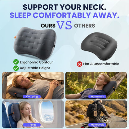 Inflatable Camping Pillow - Ultralight Compact Air Pillow for Travel, Backpacking & Hiking - Ergonomic Neck & Lumbar Support - Portable Inflatable Pillow with Removable Washable Cover - (Grey)
