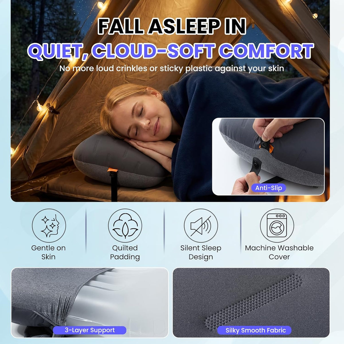 Inflatable Camping Pillow - Ultralight Compact Air Pillow for Travel, Backpacking & Hiking - Ergonomic Neck & Lumbar Support - Portable Inflatable Pillow with Removable Washable Cover - (Grey)