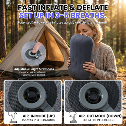 Inflatable Camping Pillow - Ultralight Compact Air Pillow for Travel, Backpacking & Hiking - Ergonomic Neck & Lumbar Support - Portable Inflatable Pillow with Removable Washable Cover - (Grey)