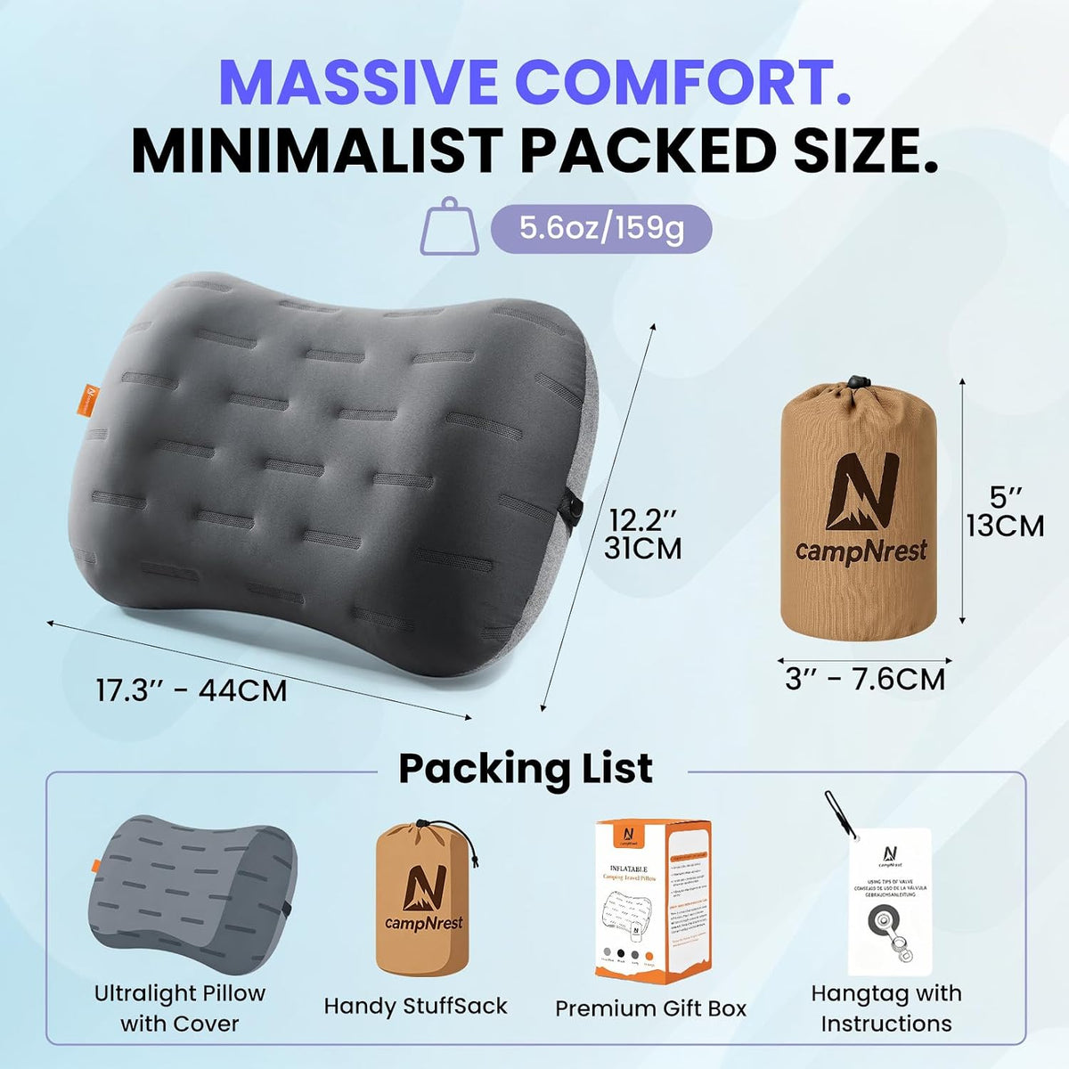 Inflatable Camping Pillow - Ultralight Compact Air Pillow for Travel, Backpacking & Hiking - Ergonomic Neck & Lumbar Support - Portable Inflatable Pillow with Removable Washable Cover - (Grey)