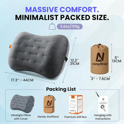 Inflatable Camping Pillow - Ultralight Compact Air Pillow for Travel, Backpacking & Hiking - Ergonomic Neck & Lumbar Support - Portable Inflatable Pillow with Removable Washable Cover - (Grey)