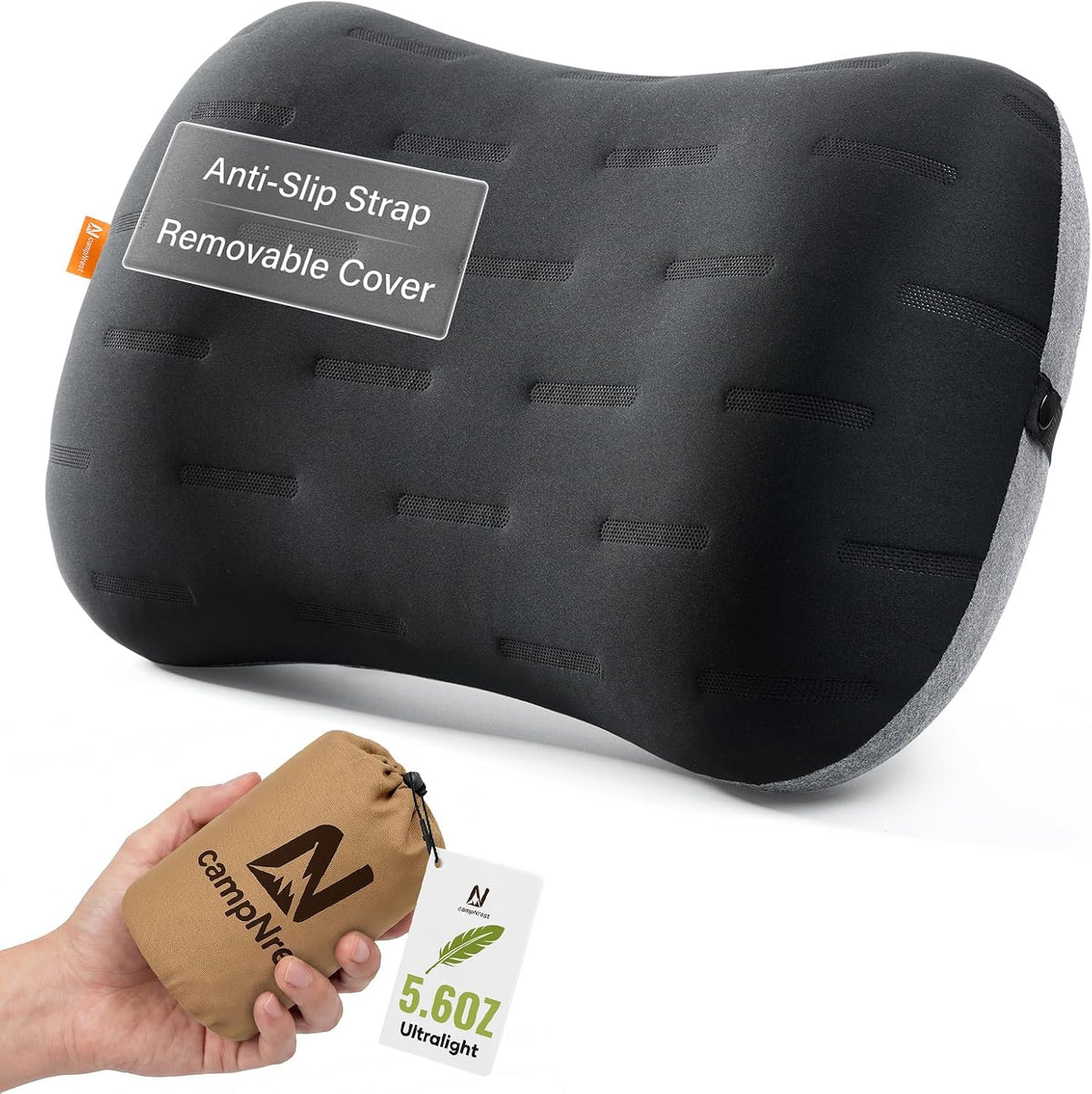 Inflatable Camping Pillow - Ultralight Compact Air Pillow for Travel, Backpacking & Hiking - Ergonomic Neck & Lumbar Support - Portable Inflatable Pillow with Removable Washable Cover - (Grey)