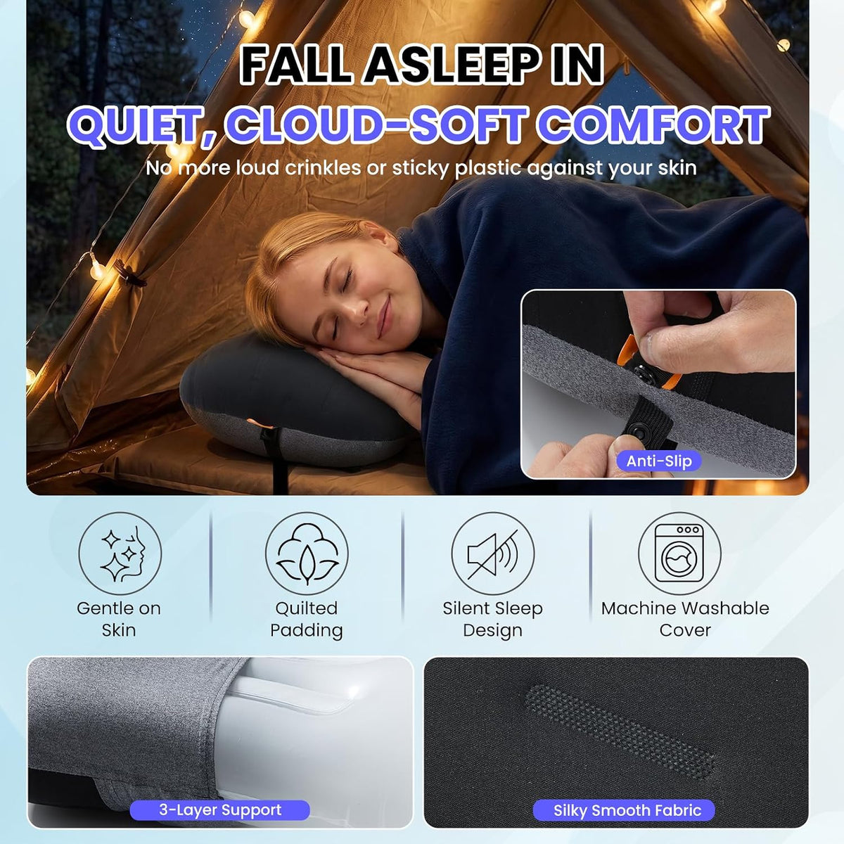 Inflatable Camping Pillow - Ultralight Compact Air Pillow for Travel, Backpacking & Hiking - Ergonomic Neck & Lumbar Support - Portable Inflatable Pillow with Removable Washable Cover - (Grey)