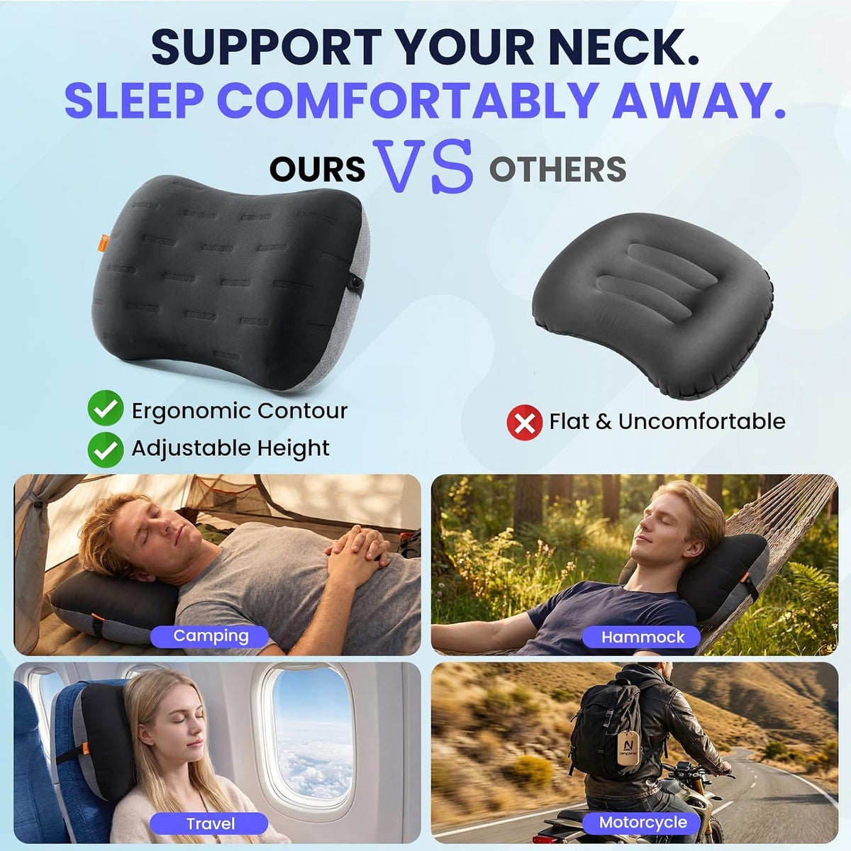 Inflatable Camping Pillow - Ultralight Compact Air Pillow for Travel, Backpacking & Hiking - Ergonomic Neck & Lumbar Support - Portable Inflatable Pillow with Removable Washable Cover - (Grey)