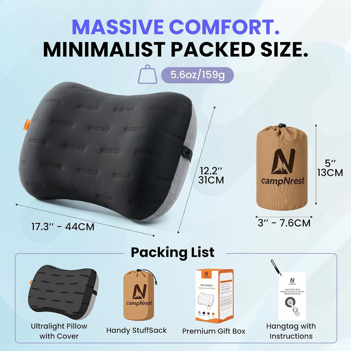 Inflatable Camping Pillow - Ultralight Compact Air Pillow for Travel, Backpacking & Hiking - Ergonomic Neck & Lumbar Support - Portable Inflatable Pillow with Removable Washable Cover - (Grey)
