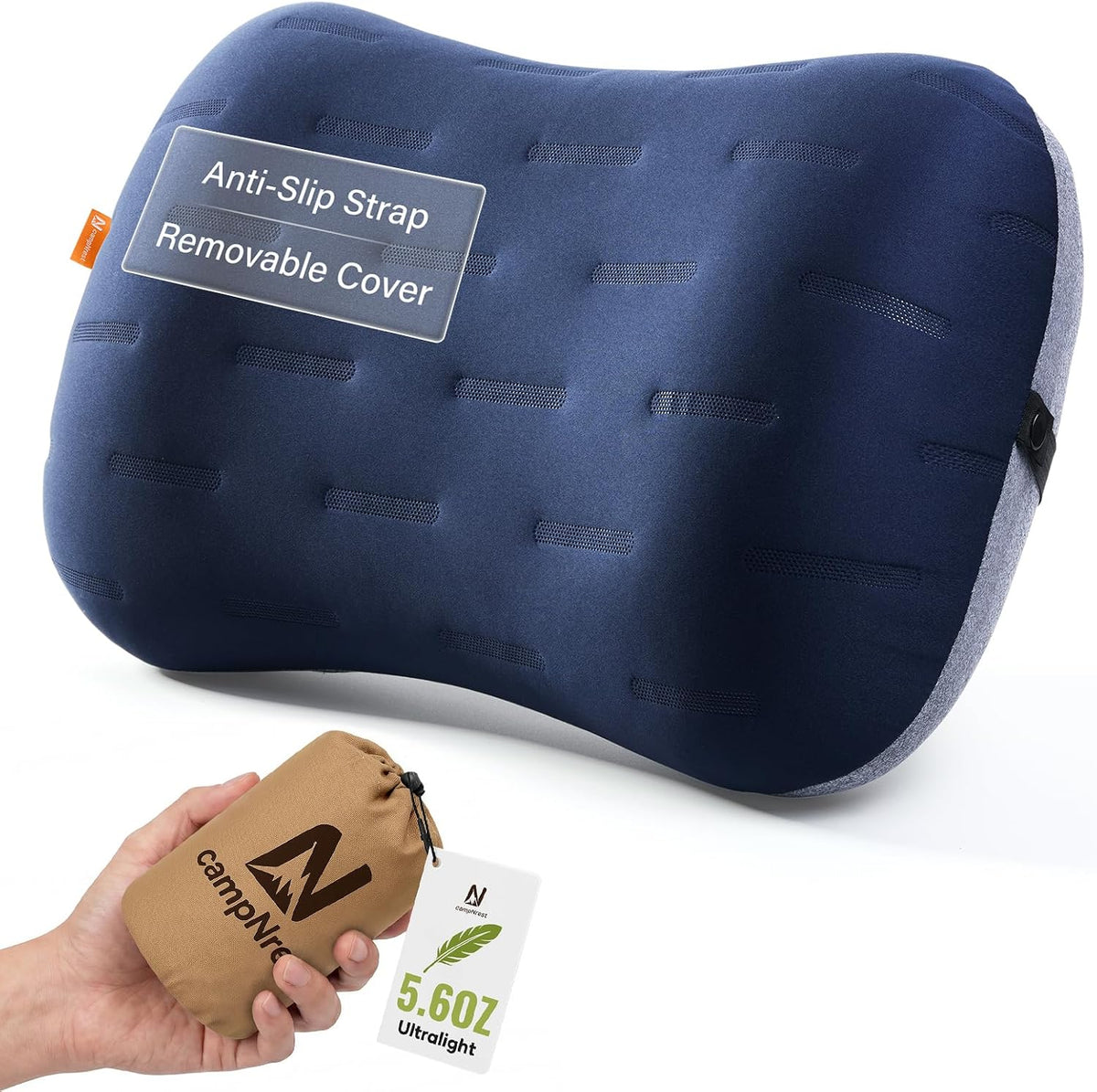 Inflatable Camping Pillow - Ultralight Compact Air Pillow for Travel, Backpacking & Hiking - Ergonomic Neck & Lumbar Support - Portable Inflatable Pillow with Removable Washable Cover - (Grey)