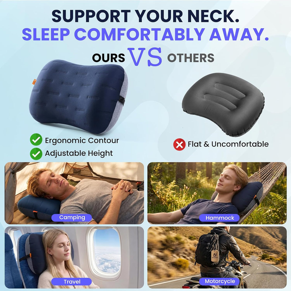 Inflatable Camping Pillow - Ultralight Compact Air Pillow for Travel, Backpacking & Hiking - Ergonomic Neck & Lumbar Support - Portable Inflatable Pillow with Removable Washable Cover - (Grey)