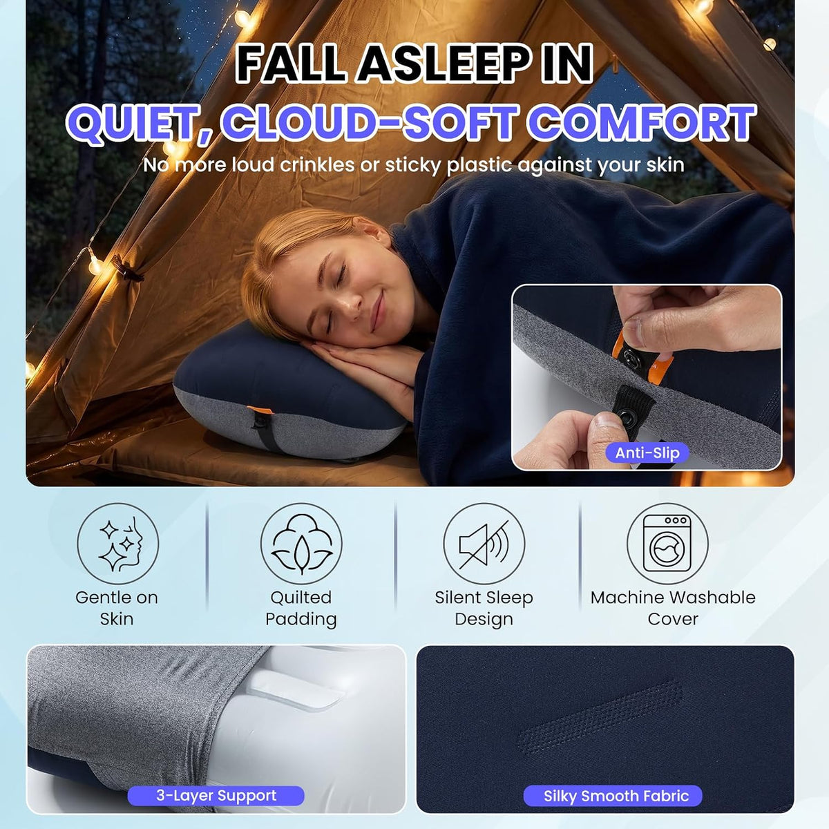 Inflatable Camping Pillow - Ultralight Compact Air Pillow for Travel, Backpacking & Hiking - Ergonomic Neck & Lumbar Support - Portable Inflatable Pillow with Removable Washable Cover - (Grey)