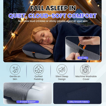 Inflatable Camping Pillow - Ultralight Compact Air Pillow for Travel, Backpacking & Hiking - Ergonomic Neck & Lumbar Support - Portable Inflatable Pillow with Removable Washable Cover - (Grey)
