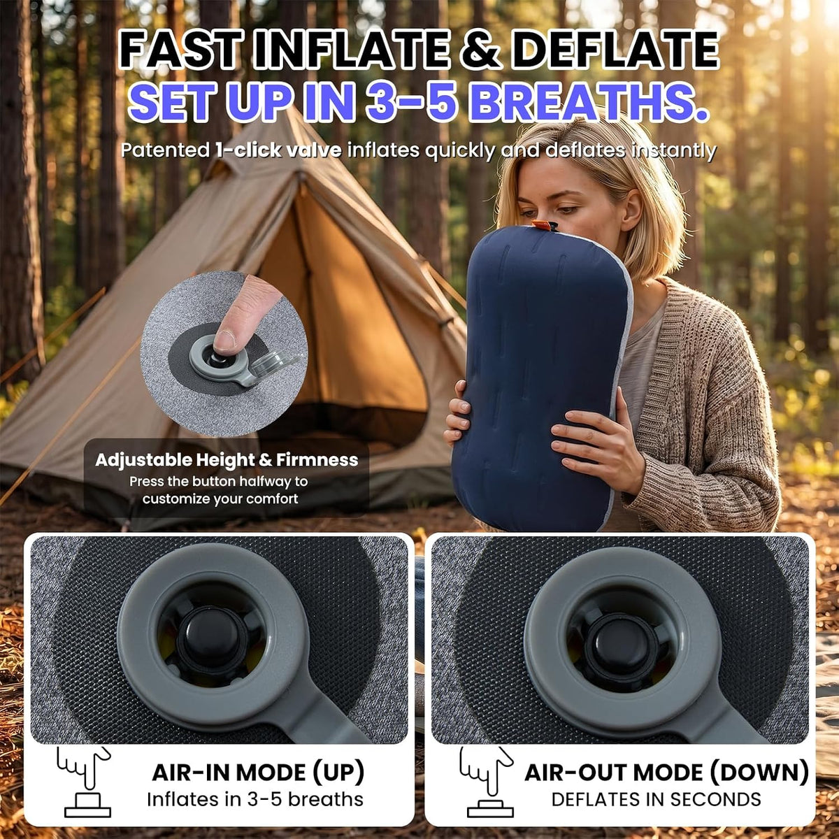 Inflatable Camping Pillow - Ultralight Compact Air Pillow for Travel, Backpacking & Hiking - Ergonomic Neck & Lumbar Support - Portable Inflatable Pillow with Removable Washable Cover - (Grey)