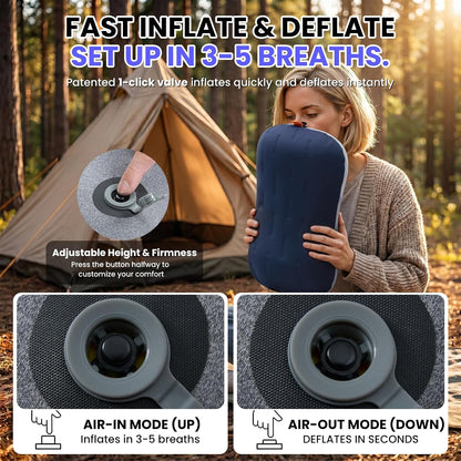 Inflatable Camping Pillow - Ultralight Compact Air Pillow for Travel, Backpacking & Hiking - Ergonomic Neck & Lumbar Support - Portable Inflatable Pillow with Removable Washable Cover - (Grey)