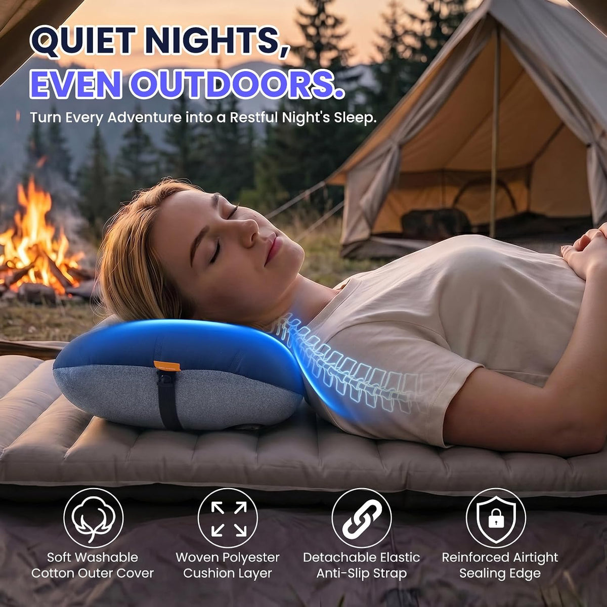 Inflatable Camping Pillow - Ultralight Compact Air Pillow for Travel, Backpacking & Hiking - Ergonomic Neck & Lumbar Support - Portable Inflatable Pillow with Removable Washable Cover - (Grey)