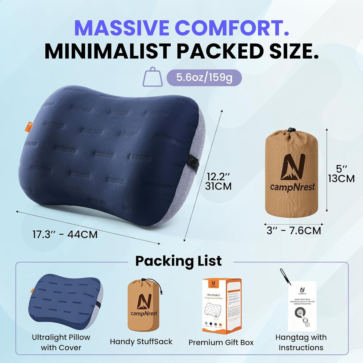 Inflatable Camping Pillow - Ultralight Compact Air Pillow for Travel, Backpacking & Hiking - Ergonomic Neck & Lumbar Support - Portable Inflatable Pillow with Removable Washable Cover - (Grey)