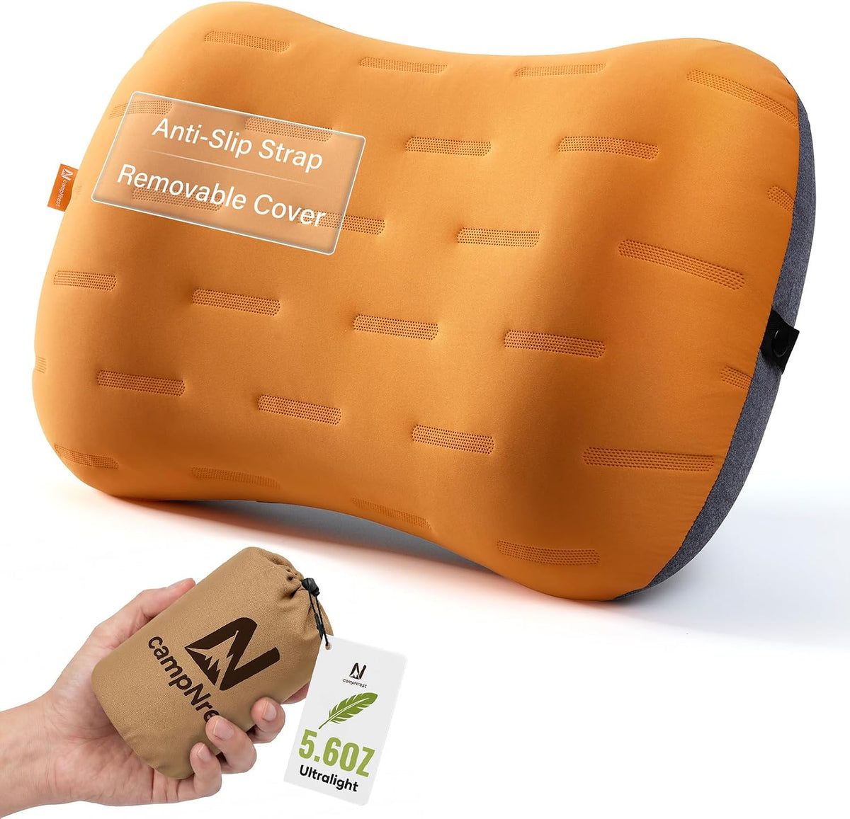 Inflatable Camping Pillow - Ultralight Compact Air Pillow for Travel, Backpacking & Hiking - Ergonomic Neck & Lumbar Support - Portable Inflatable Pillow with Removable Washable Cover - (Grey)