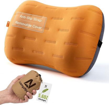 Inflatable Camping Pillow - Ultralight Compact Air Pillow for Travel, Backpacking & Hiking - Ergonomic Neck & Lumbar Support - Portable Inflatable Pillow with Removable Washable Cover - (Grey)