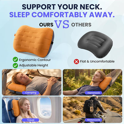 Inflatable Camping Pillow - Ultralight Compact Air Pillow for Travel, Backpacking & Hiking - Ergonomic Neck & Lumbar Support - Portable Inflatable Pillow with Removable Washable Cover - (Grey)