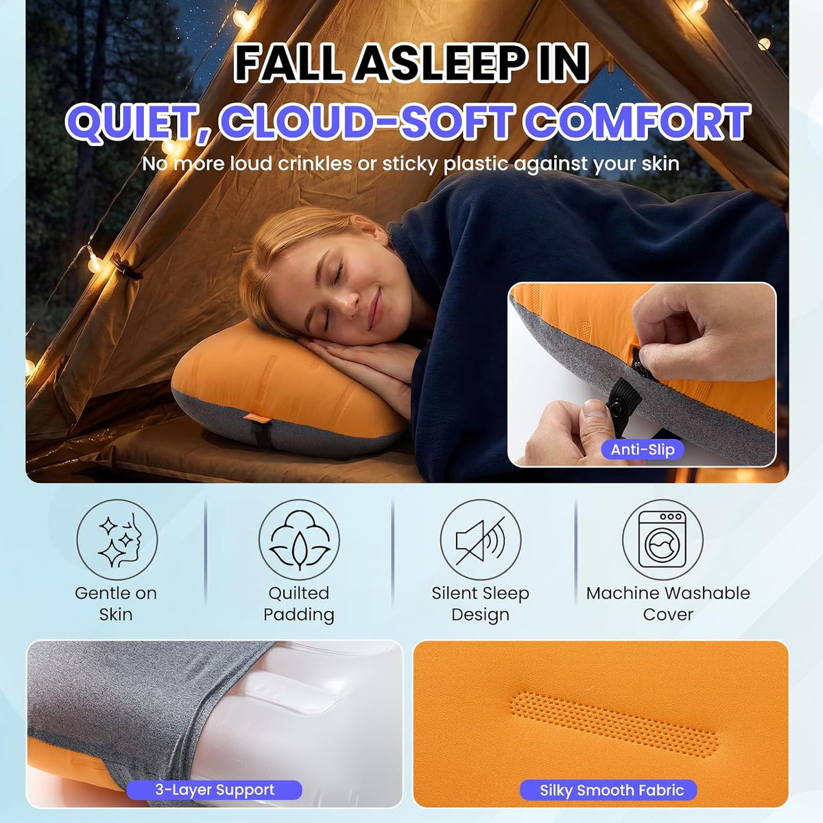 Inflatable Camping Pillow - Ultralight Compact Air Pillow for Travel, Backpacking & Hiking - Ergonomic Neck & Lumbar Support - Portable Inflatable Pillow with Removable Washable Cover - (Grey)