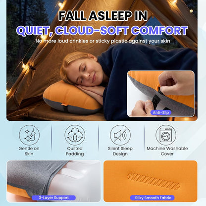 Inflatable Camping Pillow - Ultralight Compact Air Pillow for Travel, Backpacking & Hiking - Ergonomic Neck & Lumbar Support - Portable Inflatable Pillow with Removable Washable Cover - (Grey)