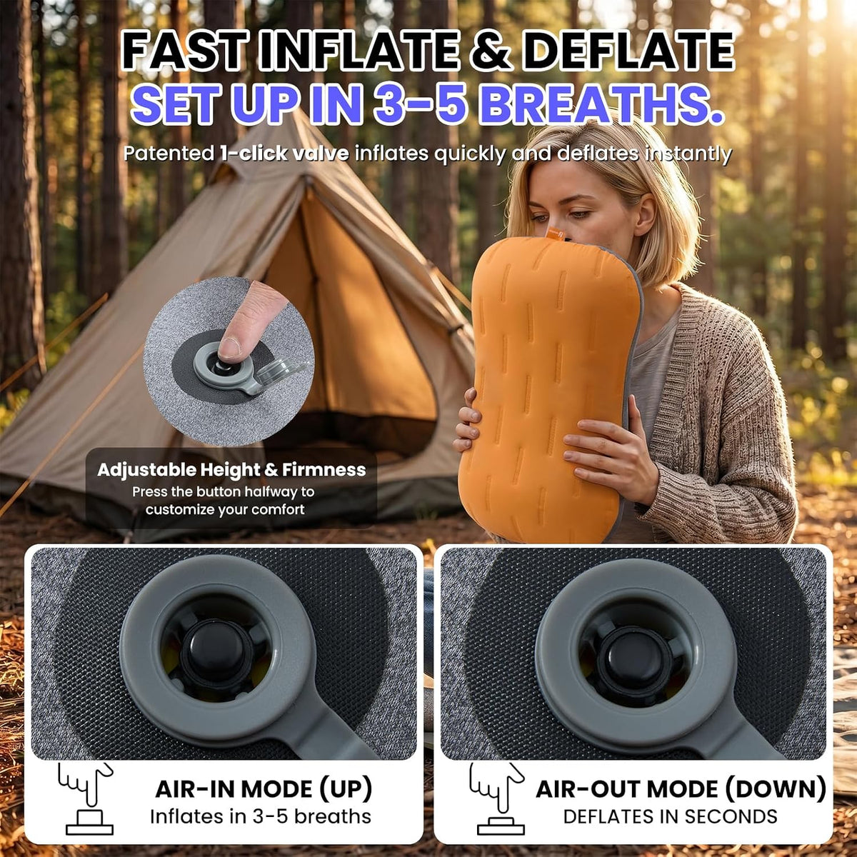 Inflatable Camping Pillow - Ultralight Compact Air Pillow for Travel, Backpacking & Hiking - Ergonomic Neck & Lumbar Support - Portable Inflatable Pillow with Removable Washable Cover - (Grey)