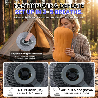 Inflatable Camping Pillow - Ultralight Compact Air Pillow for Travel, Backpacking & Hiking - Ergonomic Neck & Lumbar Support - Portable Inflatable Pillow with Removable Washable Cover - (Grey)