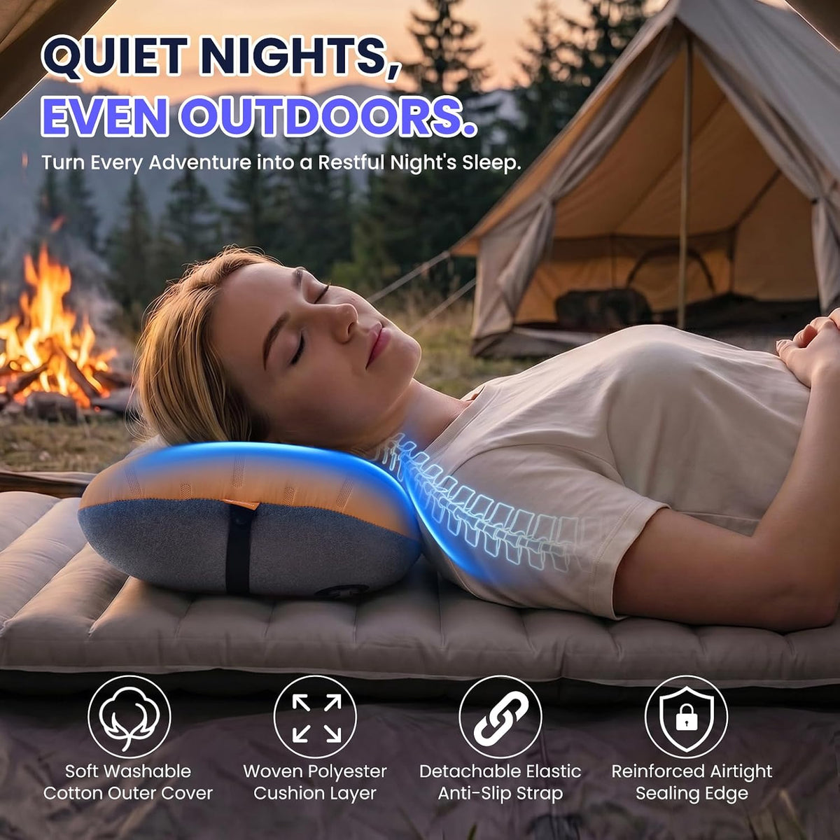 Inflatable Camping Pillow - Ultralight Compact Air Pillow for Travel, Backpacking & Hiking - Ergonomic Neck & Lumbar Support - Portable Inflatable Pillow with Removable Washable Cover - (Grey)