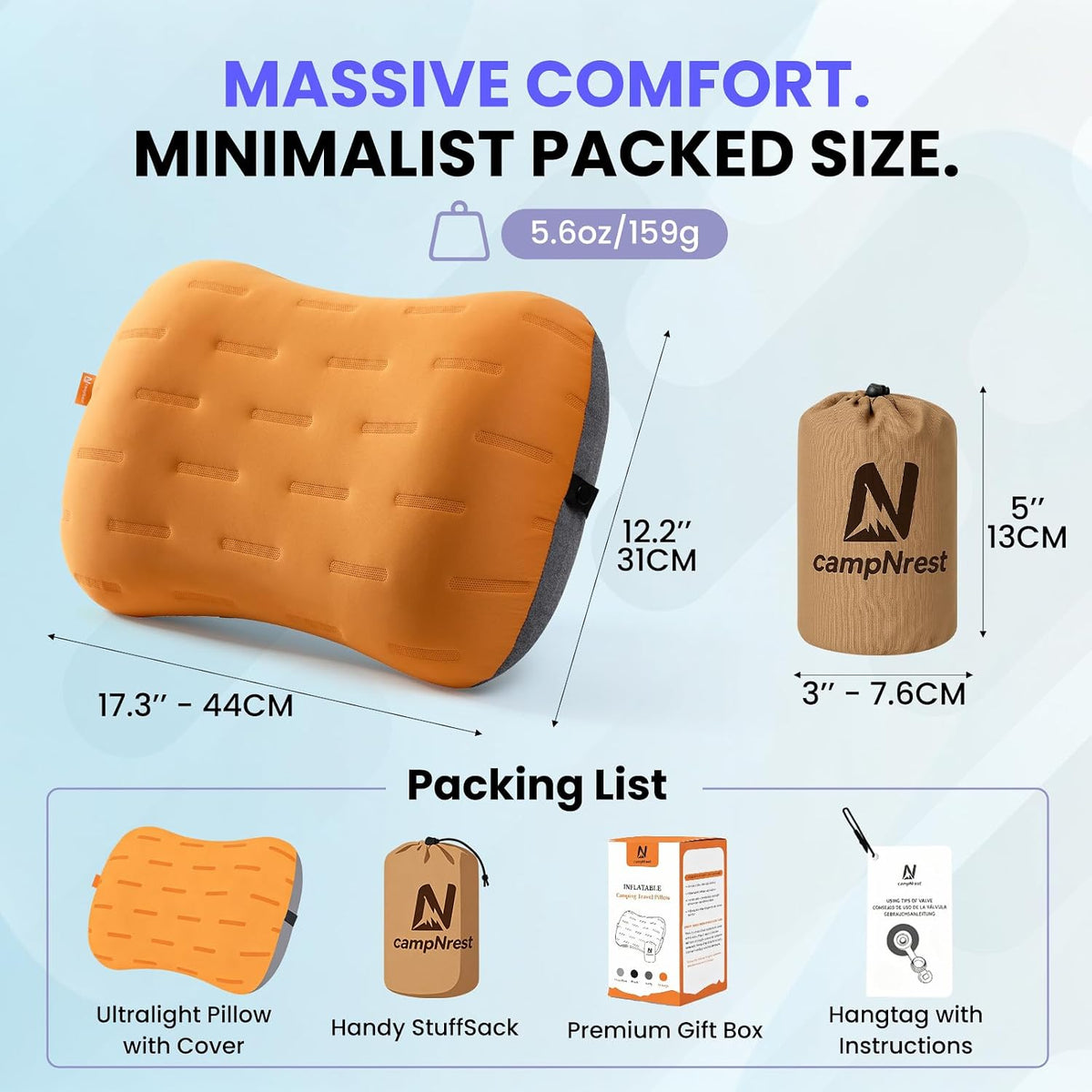 Inflatable Camping Pillow - Ultralight Compact Air Pillow for Travel, Backpacking & Hiking - Ergonomic Neck & Lumbar Support - Portable Inflatable Pillow with Removable Washable Cover - (Grey)