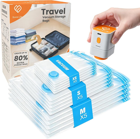 15-Pack Travel Vacuum Bags with Rechargeable Pump, 3 Sizes for Luggage