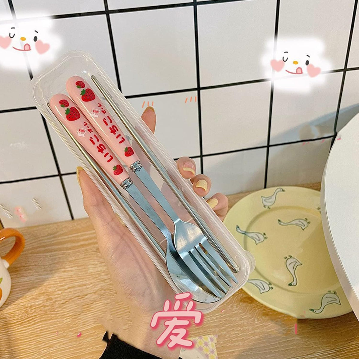 Cutlery Set, 3 Piece Stainless Steel Flatware Set 3 Piece Tableware Utensils Set Spoon Forks Chopsticks Rounded Stainless Steel Flatware Cutlery Set Three-Piece Tableware Set with Transparent Box